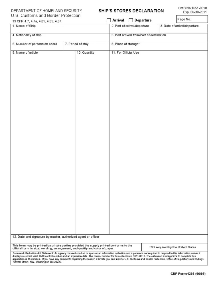 U.S. Customs Form CBP Form 1303 Ship's Stores Declaration PDF U