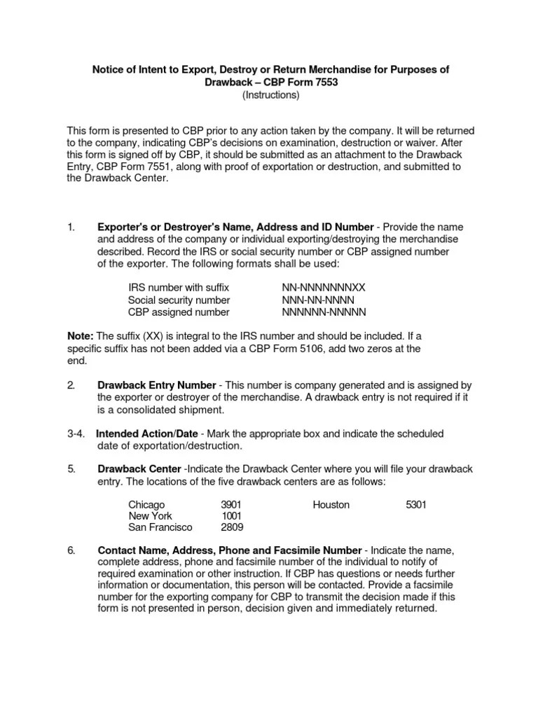 U.S. Customs Form CBP Form 7553 Notice of Intent To Export, Destroy