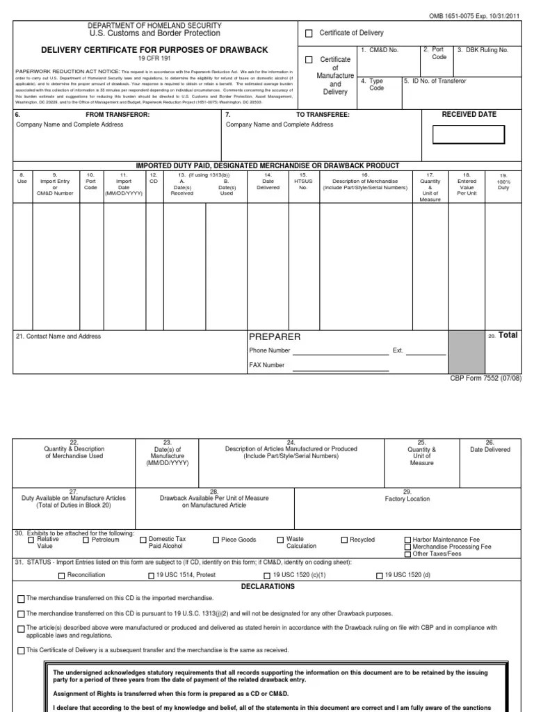 U.S. Customs Form CBP Form 7552 Delivery Certificate for Purposes of