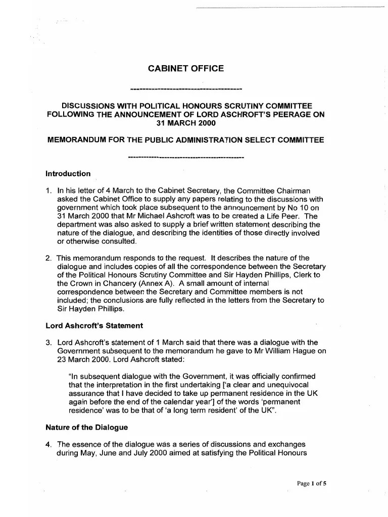 Office Memorandum on Lord Ashcroft House Of Lords Letters