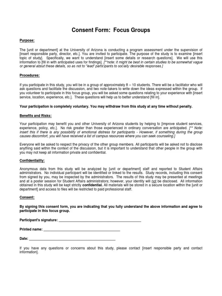 Sample Consent Form Focus Group Confidentiality