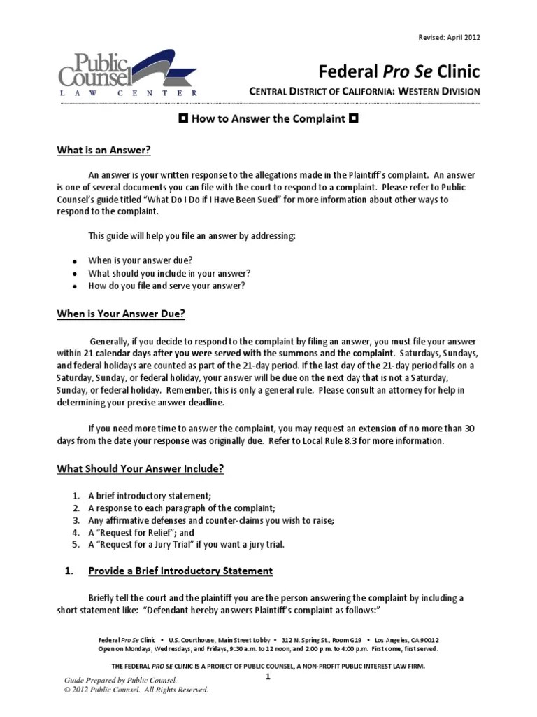 GUIDE Answering The Complaint PLUS Forms Unduh gratis PDF Pro Se