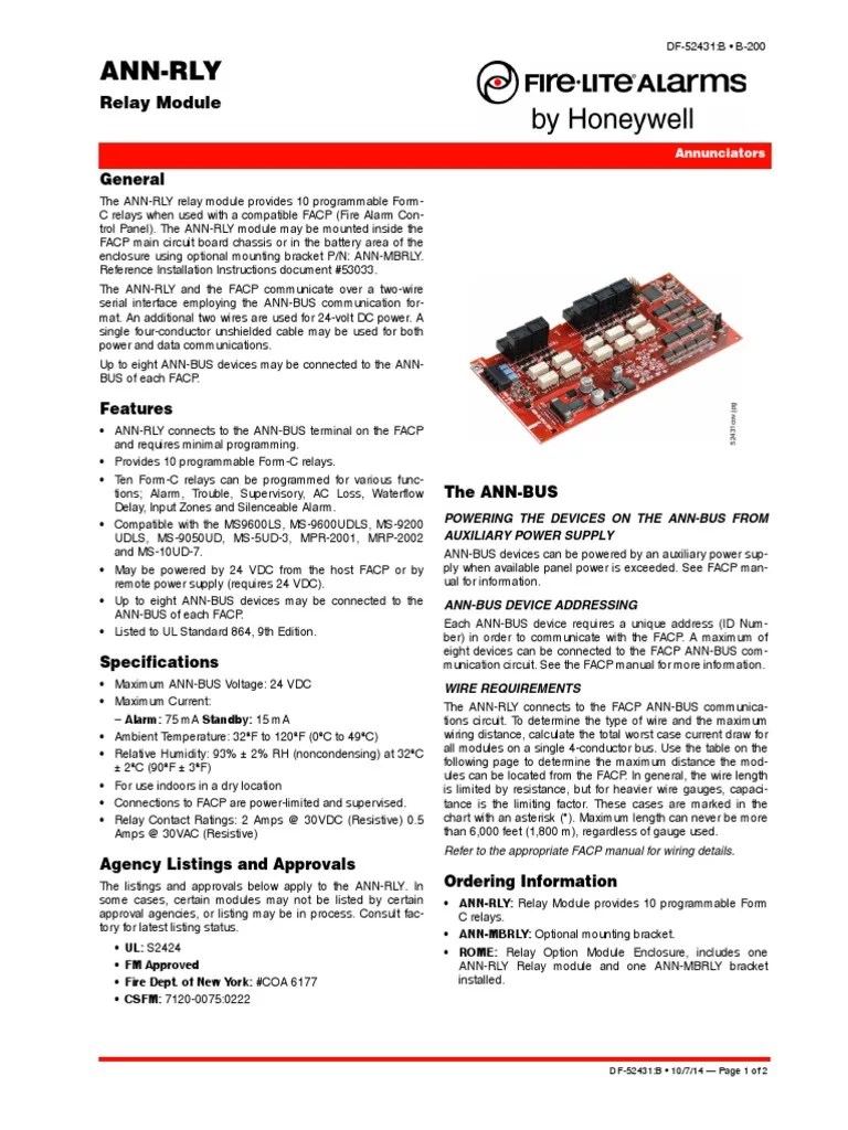 Fire-Lite ANN-MBRLY Data Sheet | Relay | Manufactured Goods