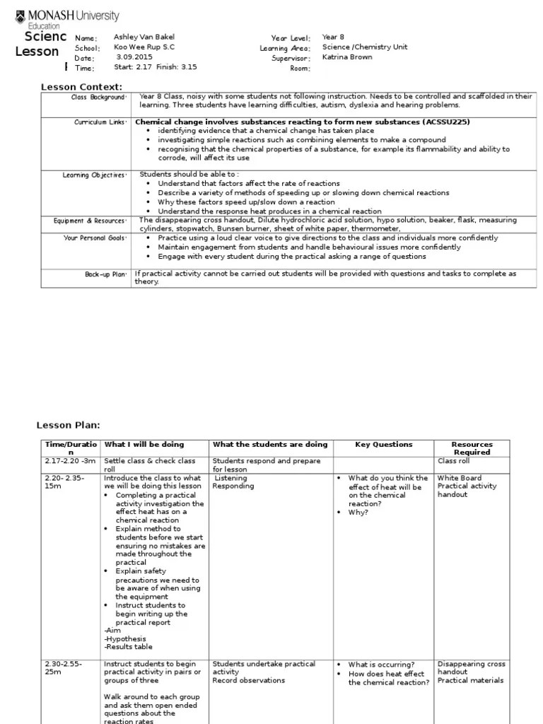 Year8 Chemical Change Lesson Plan 5 PDF Chemical Substances