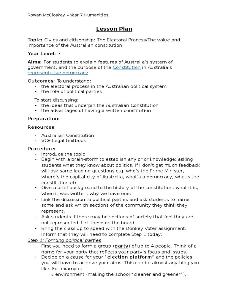 Lesson Plan 1 Civics PDF Civics Lesson Plan