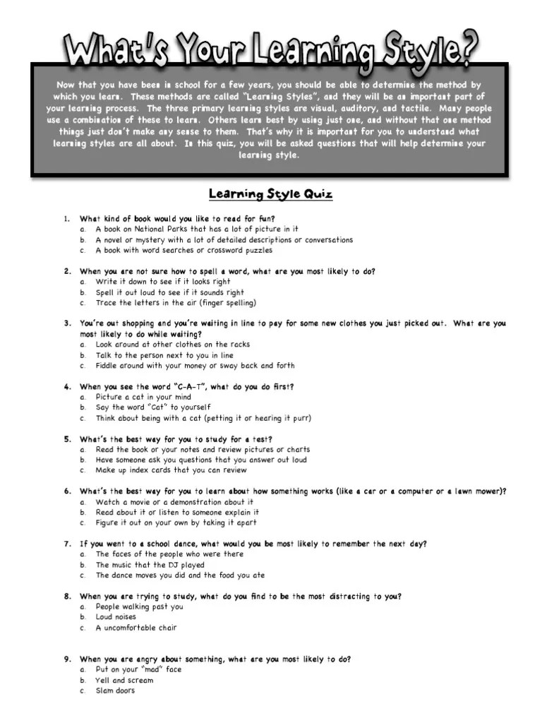 Learning Styles Quiz PDF Learning Styles Visual Perception