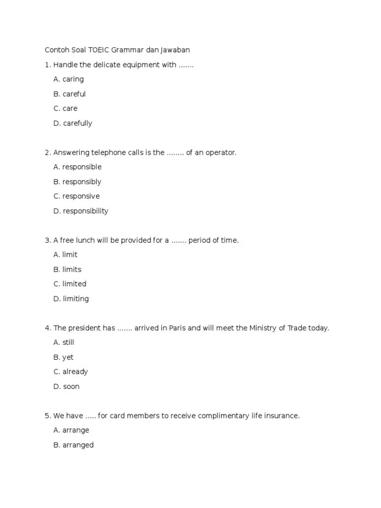 Contoh Soal TOEIC Grammar Dan Jawaban