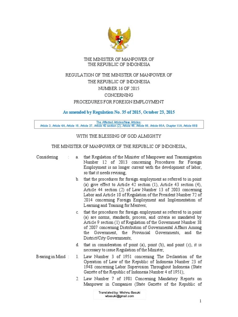 Regulation No. 16 of 2015 (35 of 2015) Indonesia Foreign Employment