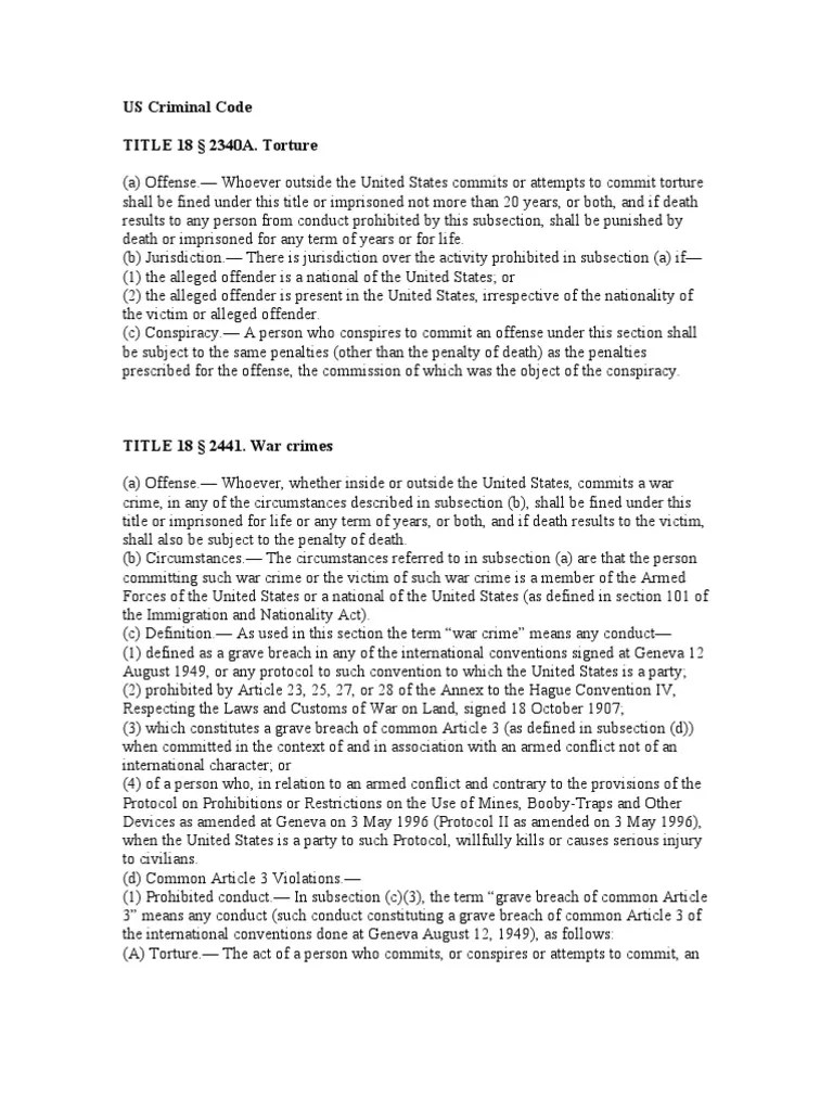 US Criminal Code TITLE 18 2340A. Torture PDF Geneva Conventions