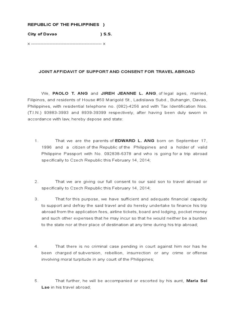 Affidavit of Consent to Travel Abroad