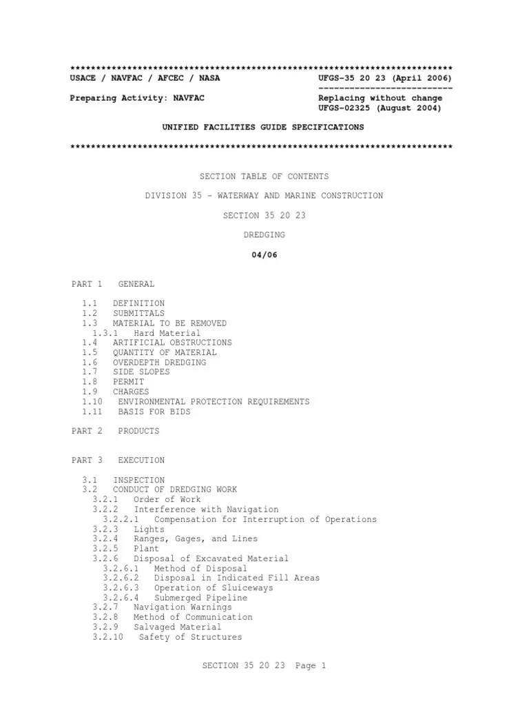 UFGS 35 20 23 Dredging For Waterway and Marine Construction