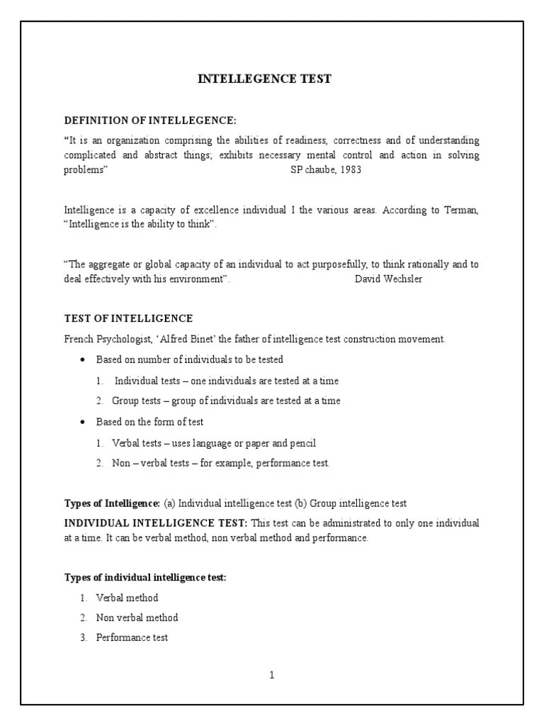 Intelligence Test Wechsler Adult Intelligence Scale Intelligence