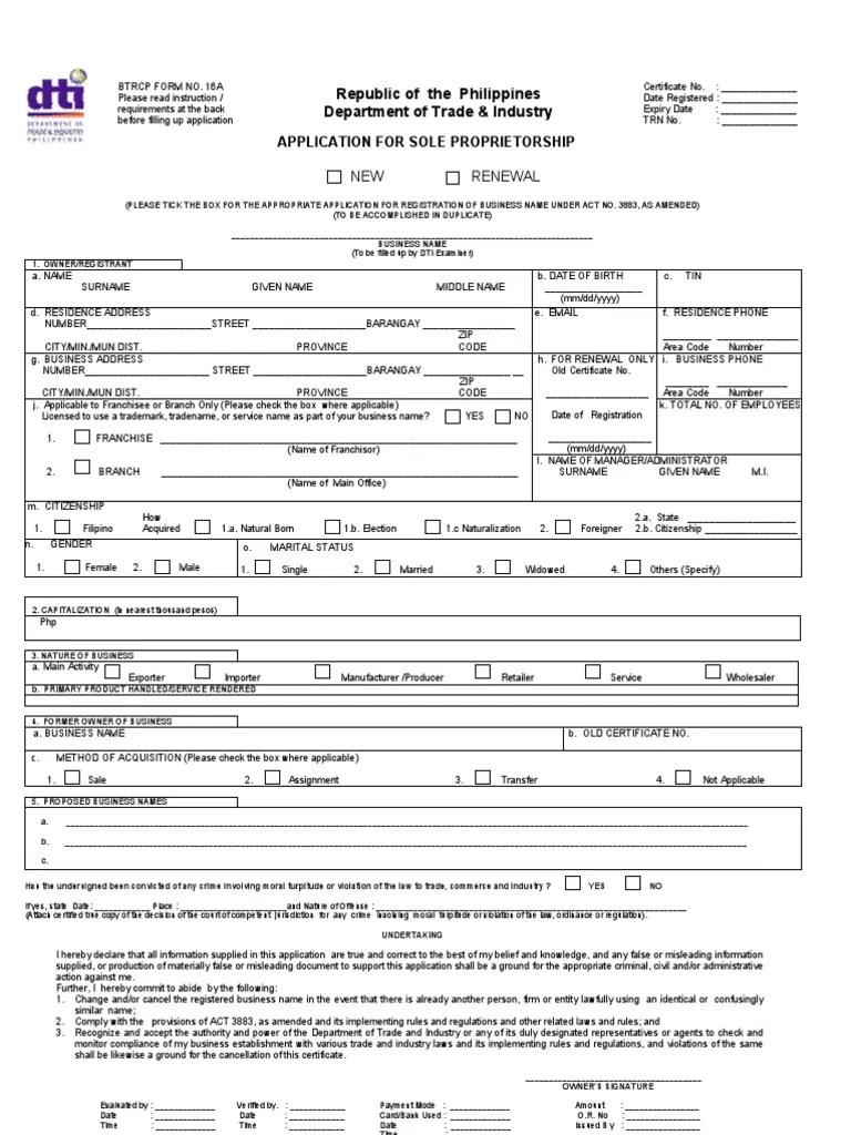 DTI APPLICATION FORM Franchising Identity Document