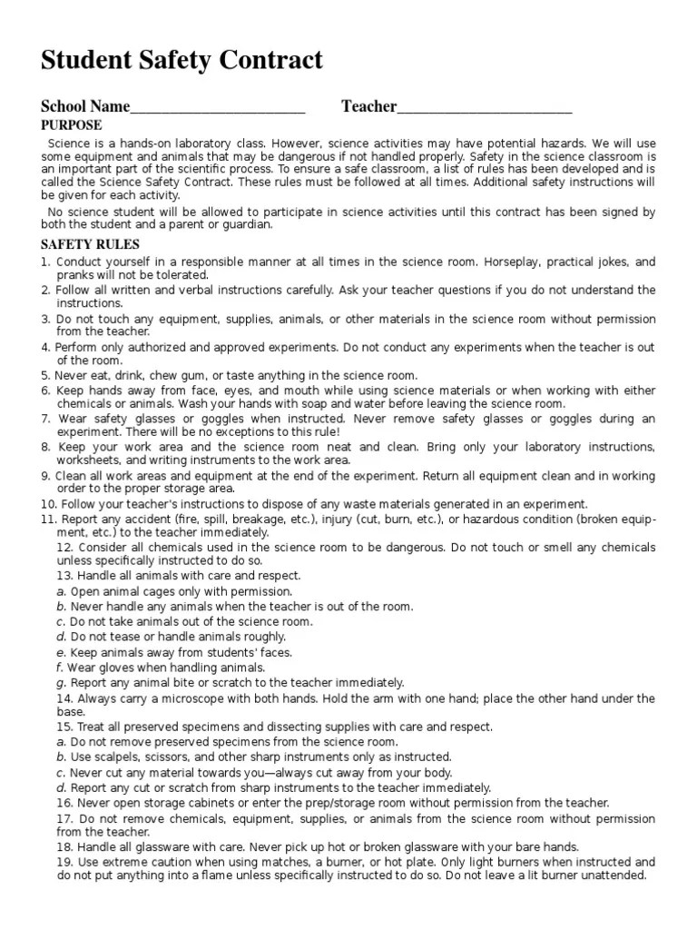 Student Safety Contract PDF Laboratories Classroom