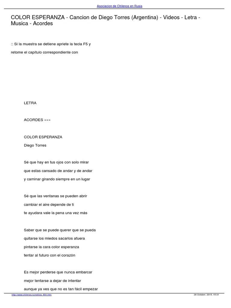 Noticia Color Esperanza Cancion de Diego Torres Argentina Videos Letra Musica Acordes Ocio
