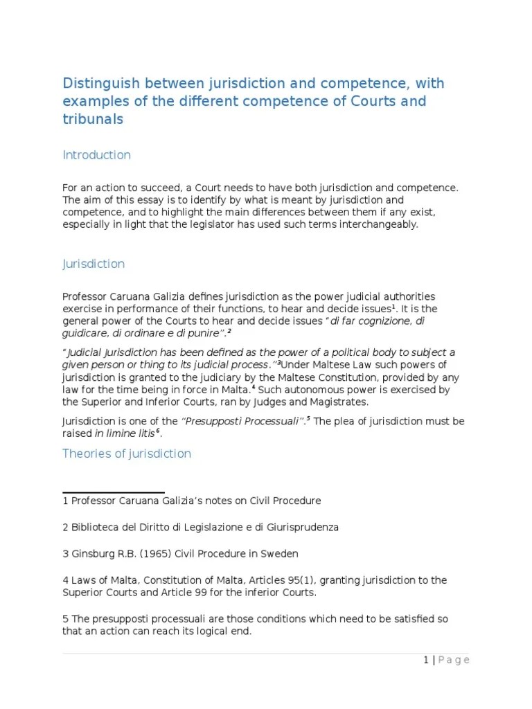 Distinguish Between Jurisdiction and Competence Jurisdiction Tribunal