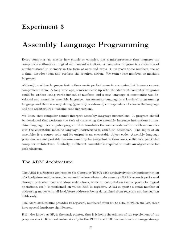 Arm Assembly Language Programming PDF Assembly Language