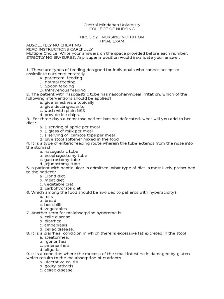 Nursing Nutrition Final Exam | PDF | Breastfeeding | Pancreas
