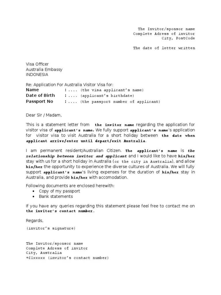 Invitation Letter For Visitor Visa Australia | Travel Visa | National