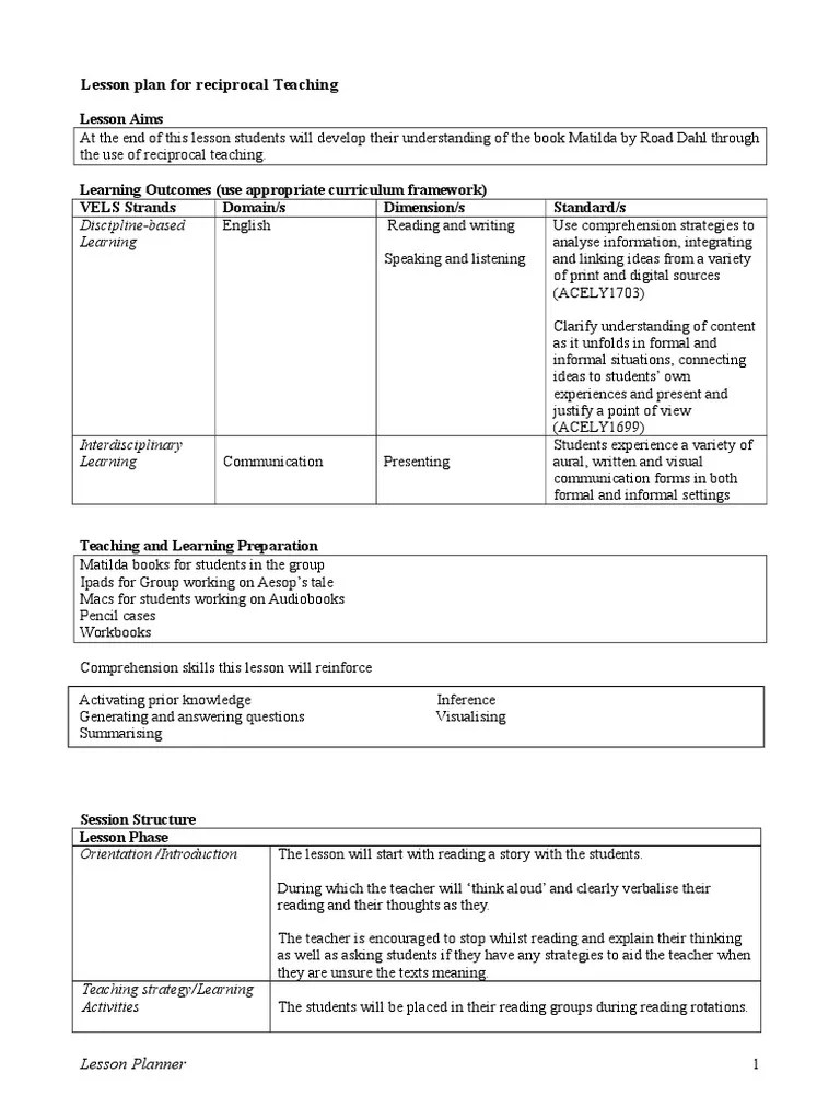 Lesson Plan For Reciprocal Teaching | PDF | Reading Comprehension