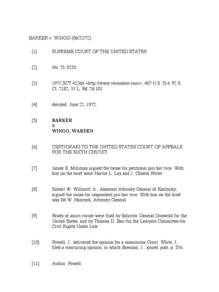 Barker V Wingo (1972) PDF Continuance Sixth Amendment To The