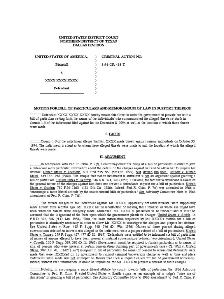 bill of particulars United States District Court Government Of The