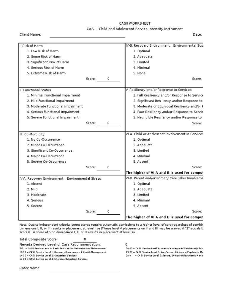 CASII Worksheet Psychological Resilience Risk