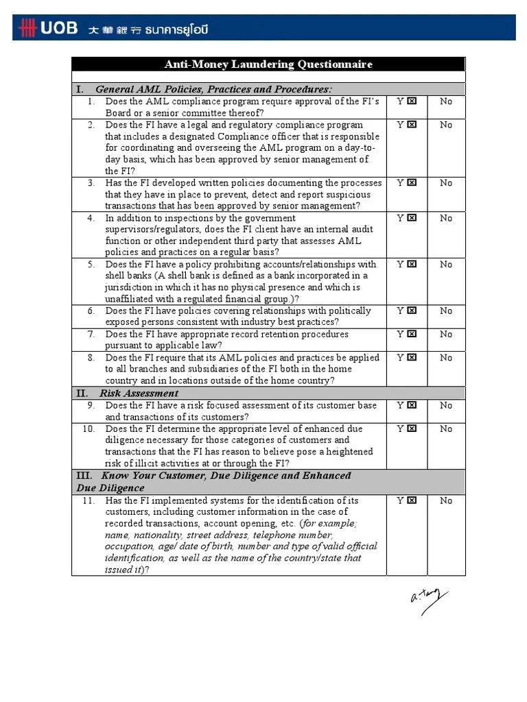 AML Questionnaire UOBT2009 Money Laundering Politics