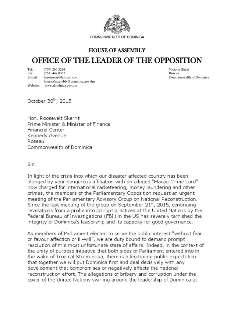 Dominica Opposition Letter to PM Skerrit Demanding NgUNDP Document