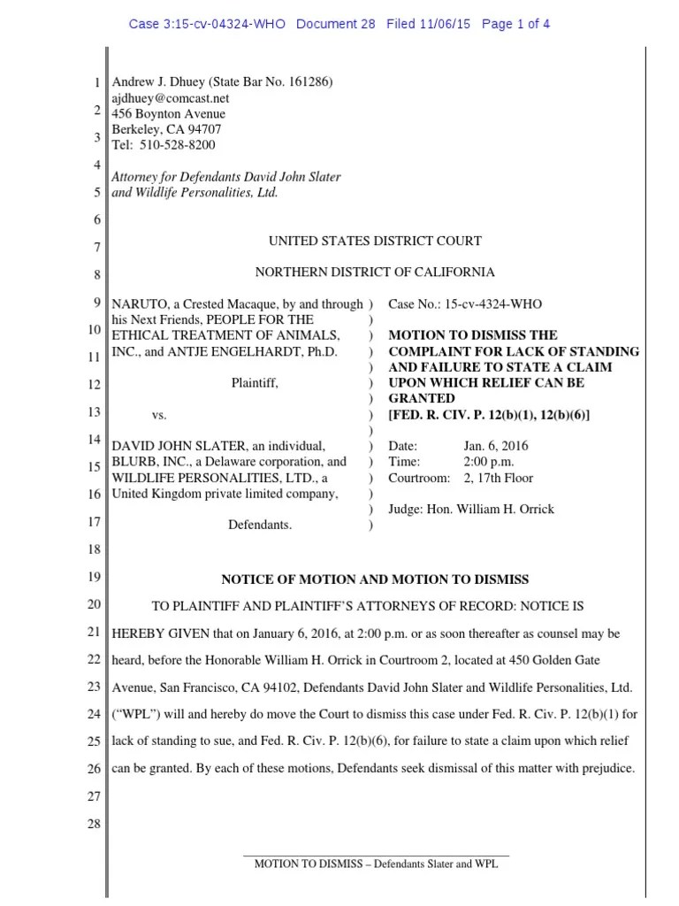 Naruto v David John Slater Motion to Dismiss Standing (Law