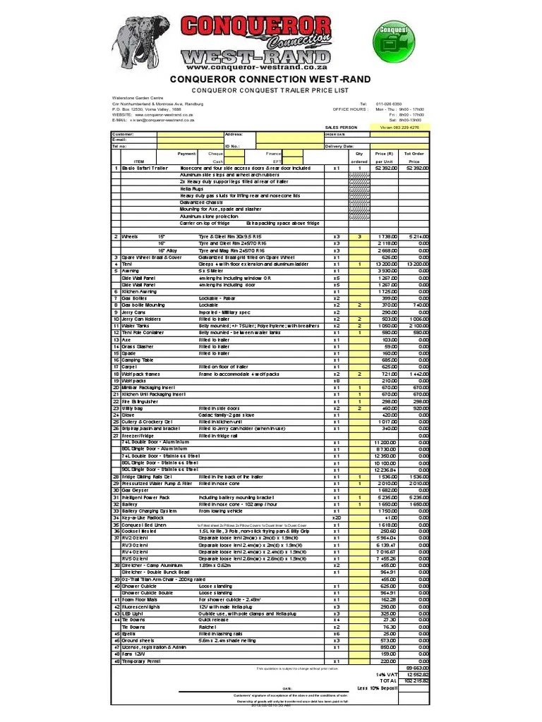 Conqueror Connection WestRand Conqueror Conquest Trailer Price List