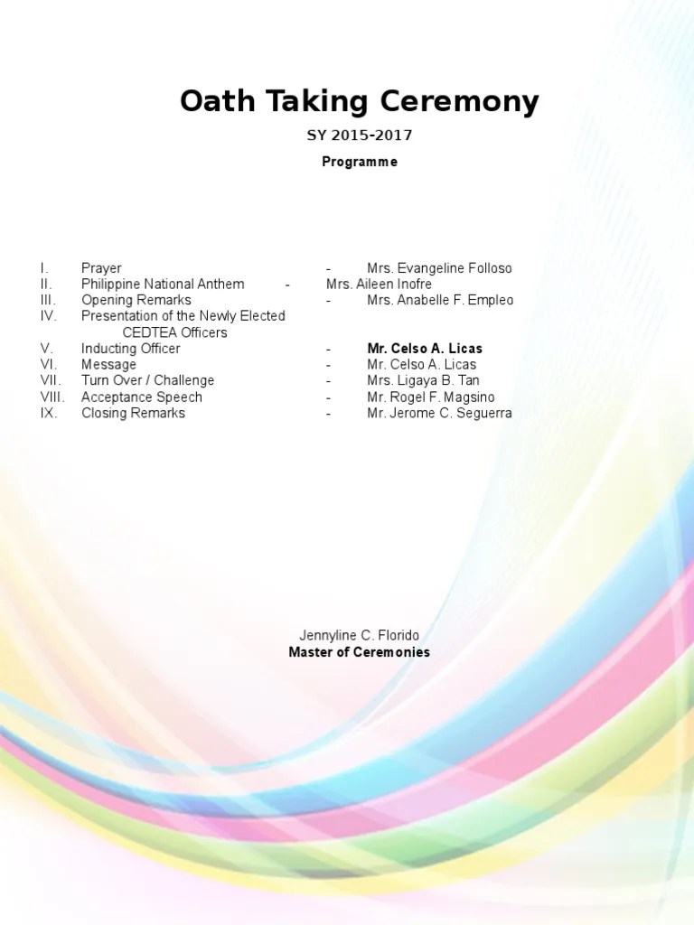 Oath Taking Ceremony Induction Of Officers Program Sample