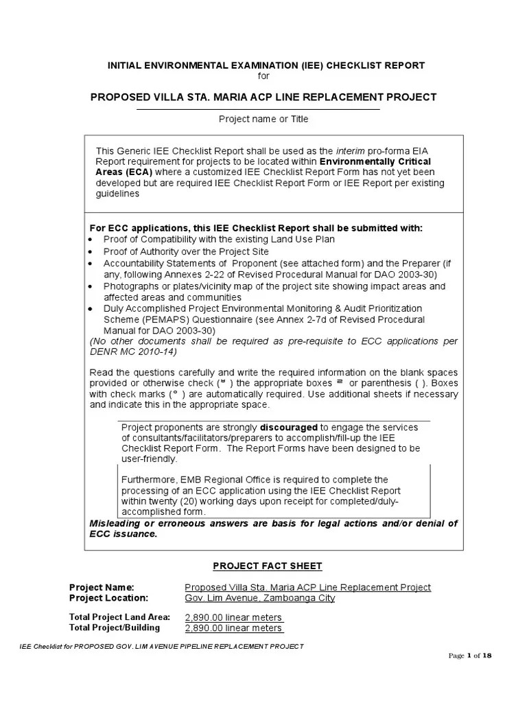 IEE Checklist for Water System Project (distribution only) Flood
