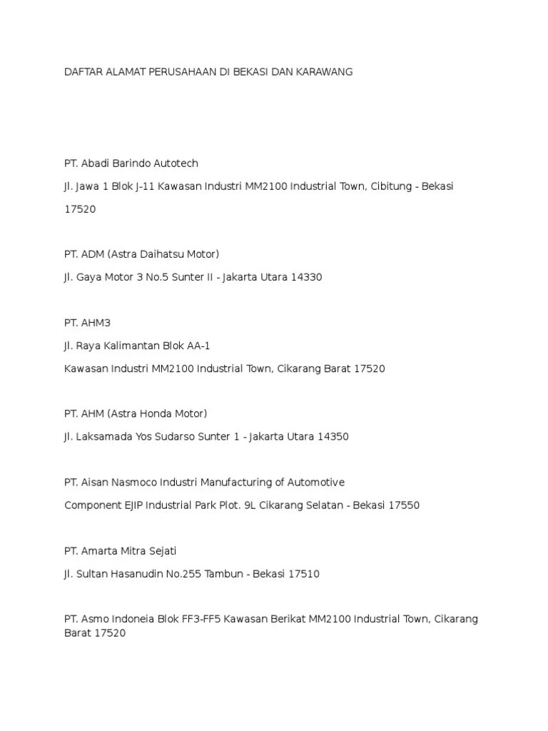 Daftar Alamat Perusahaan Di Bekasi Dan k