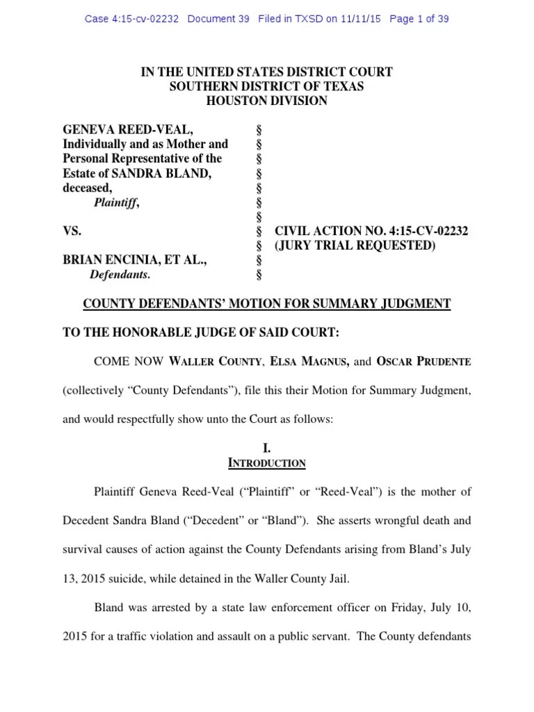 Waller County's Motion for Summary Judgment Summary Judgment Negligence