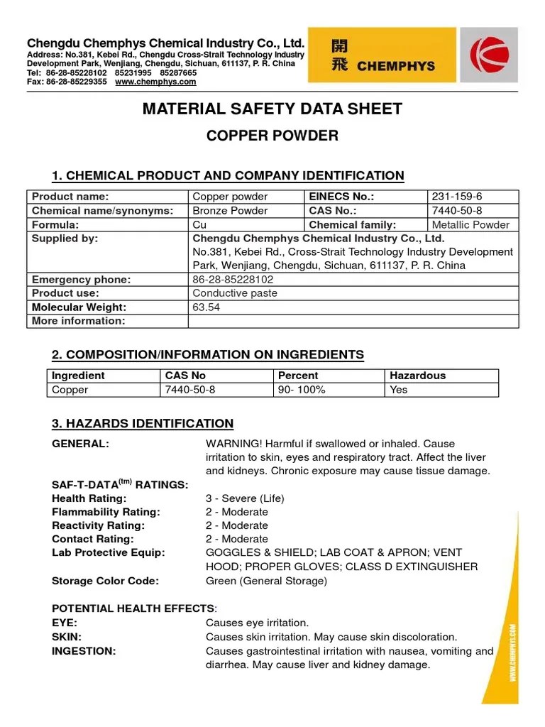 MSDS Copper Powder PDF Chlorine Explosive Material