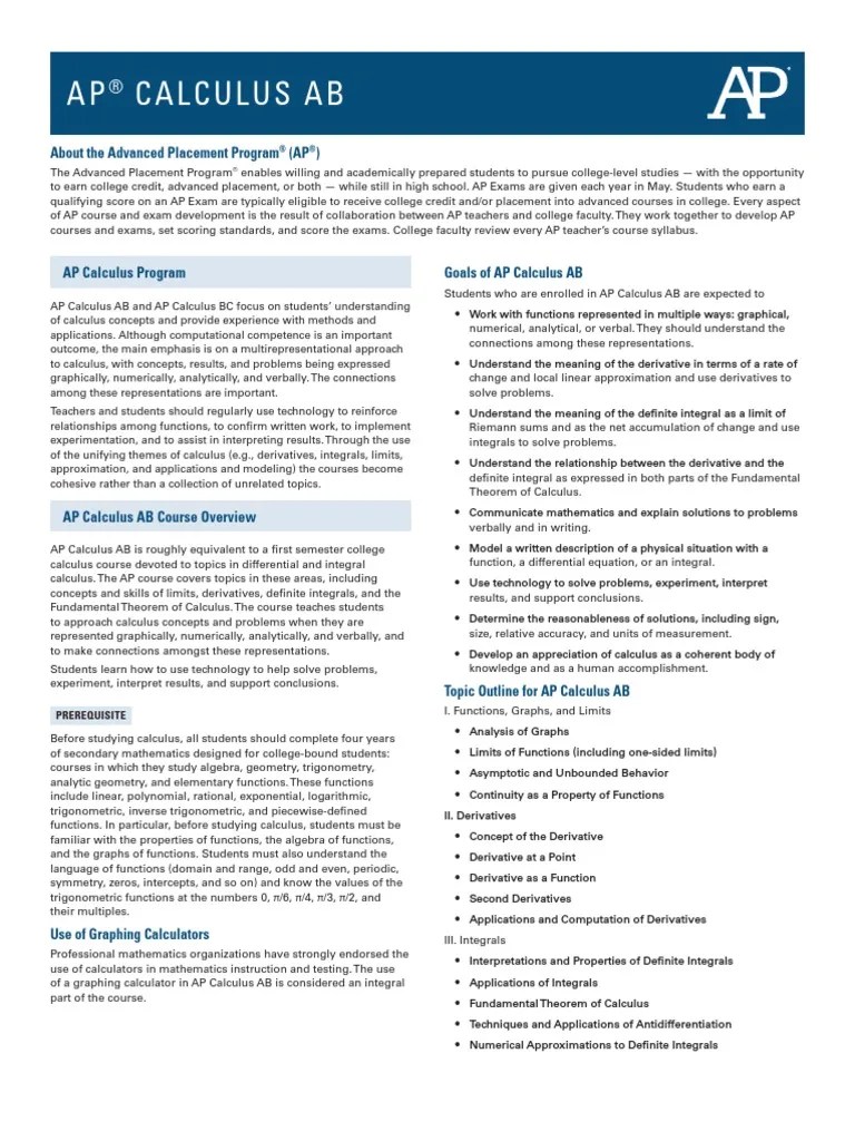 AP Calculus Ab Course Overview Advanced Placement Calculus