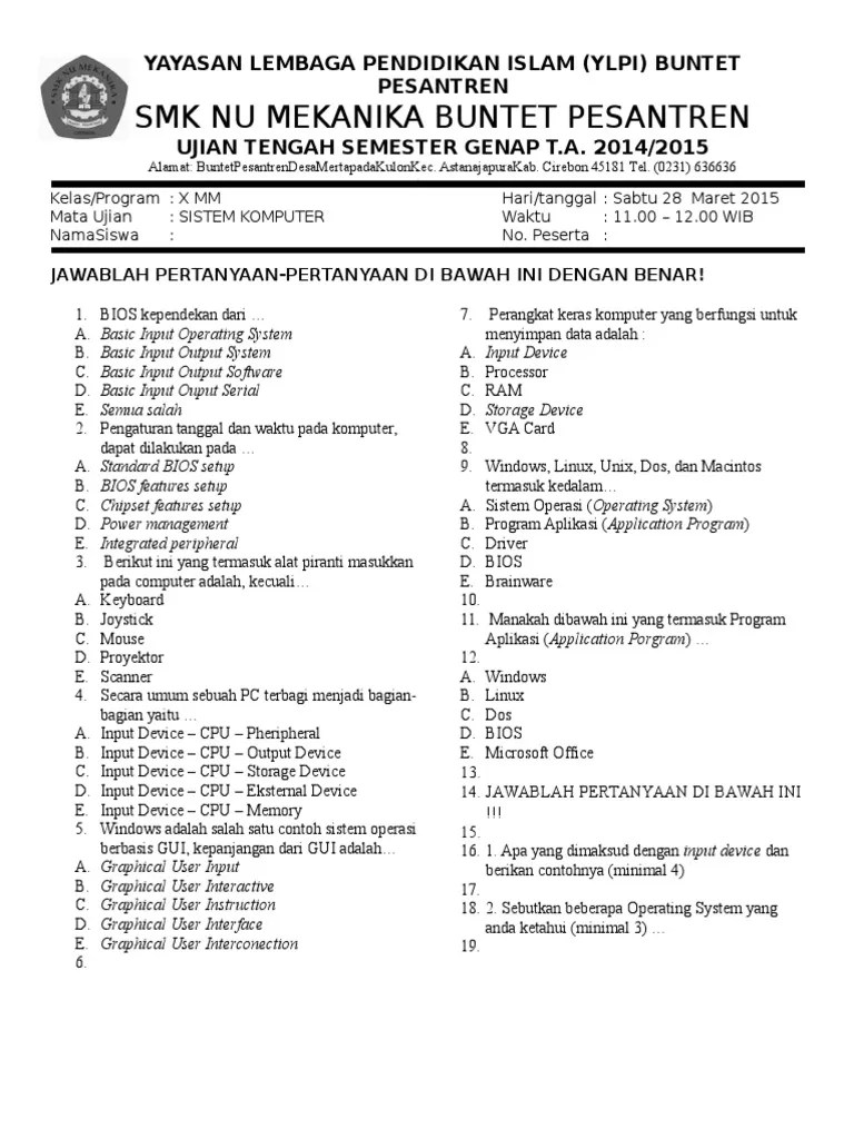 Soal UTS Sistem Komputer Kelas X | PDF