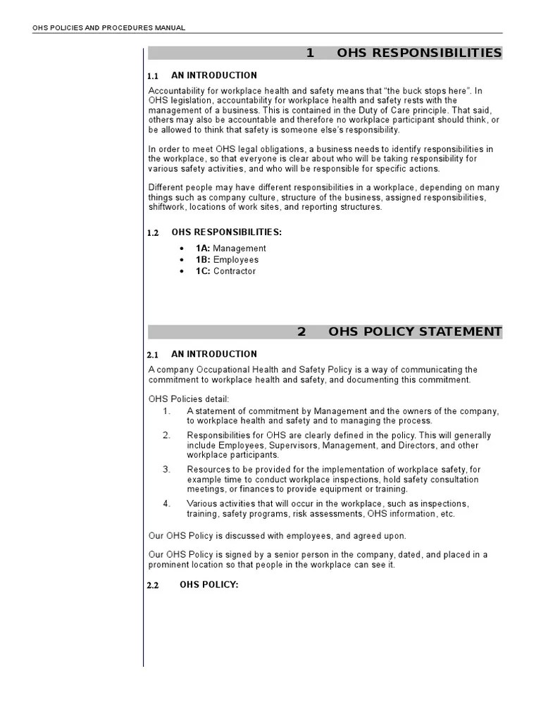 OHS Policies and Procedures Manual Occupational Safety And Health