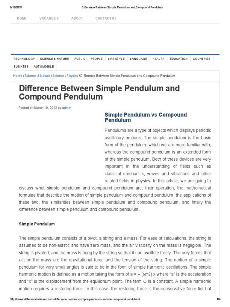 Difference Between Simple Pendulum and Compound Pendulum PDF