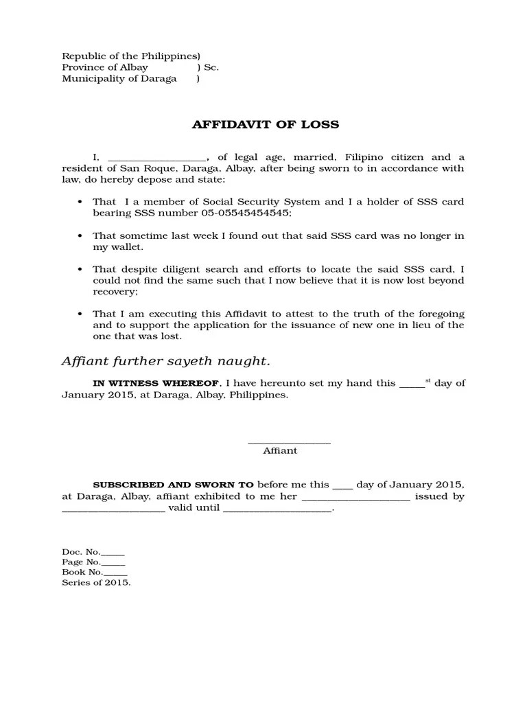 Affidavit of Loss Philippines Free Legal Forms