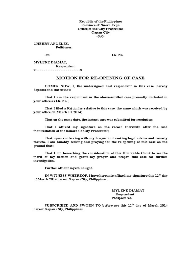 Motion for Reopening Case