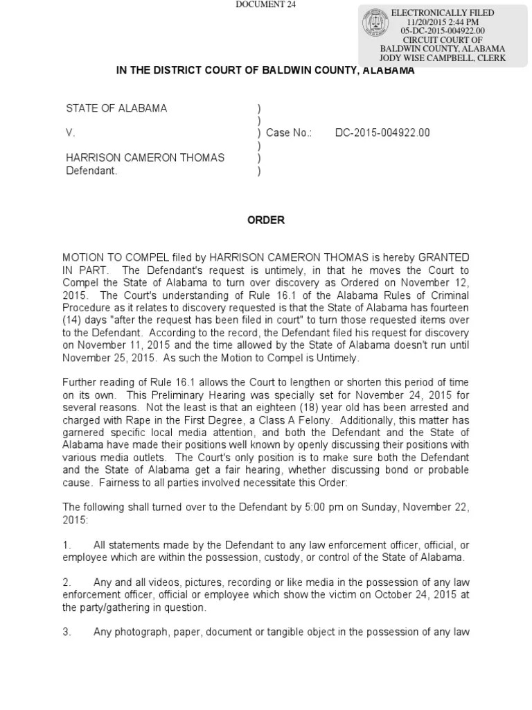 Judge's Order to Turn Over Evidence to Defense Discovery (Law