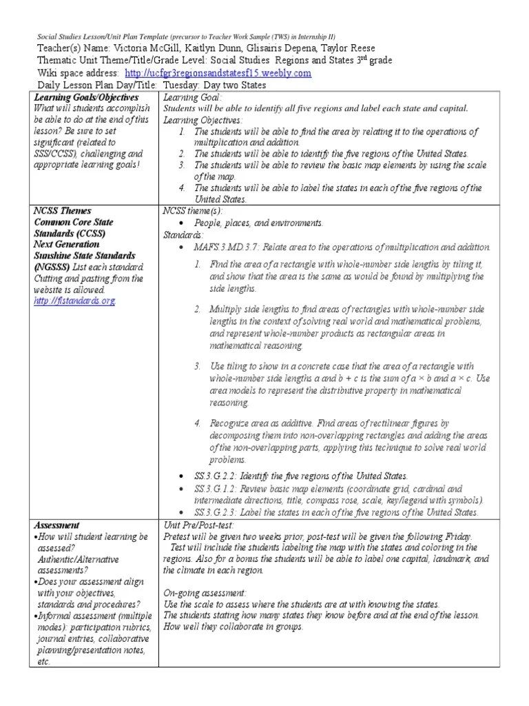 Learning Goals/Objectives Social Studies Lesson/Unit Plan Template