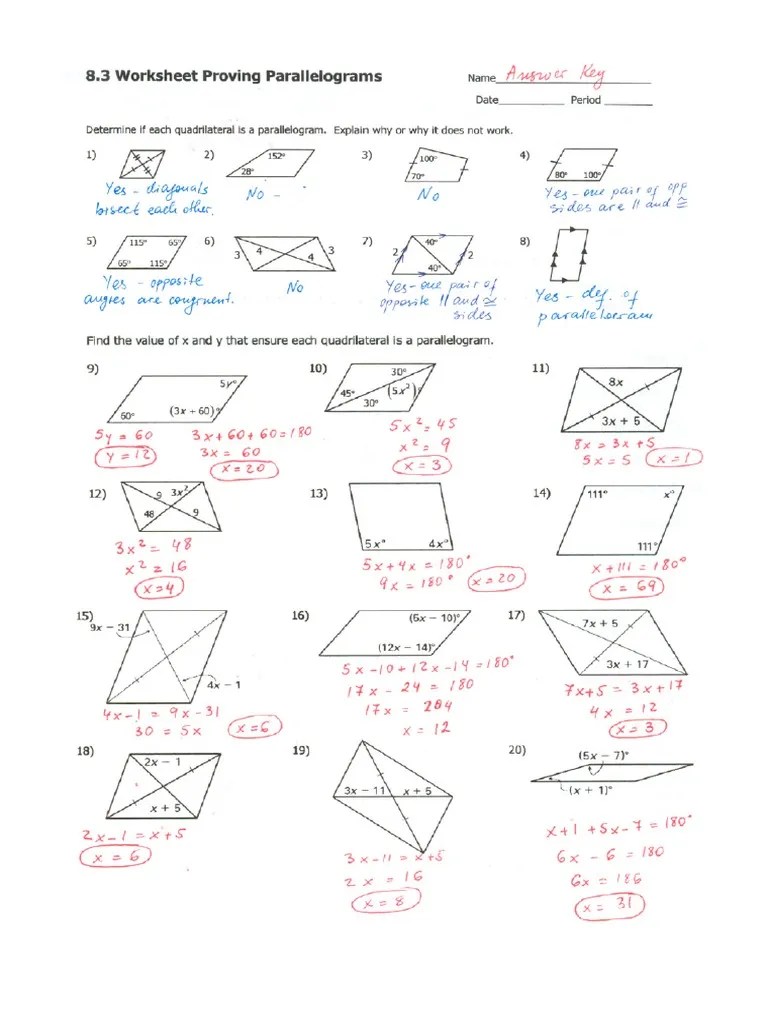 Geometry Worksheet 6.2 Parallelograms Answer Key