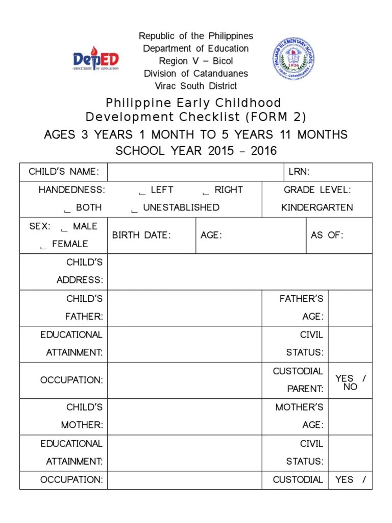 Early Childhood Development Checklist (Deped Revised 2015) Child