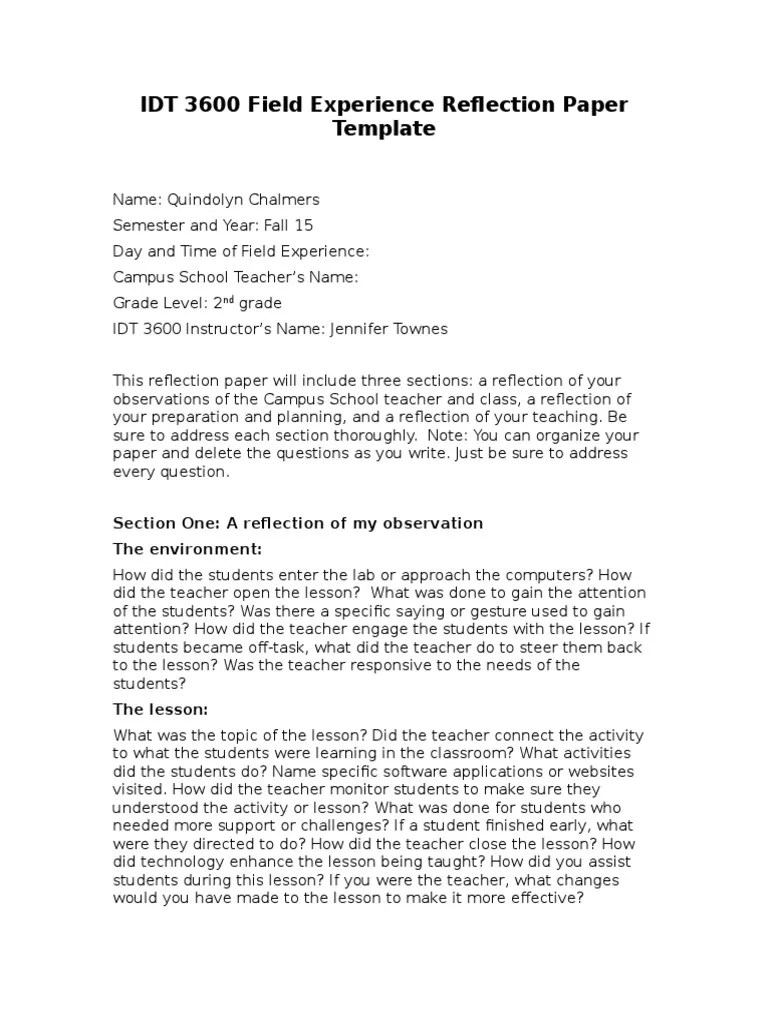 idt 3600 field experience reflection paper template autosaved