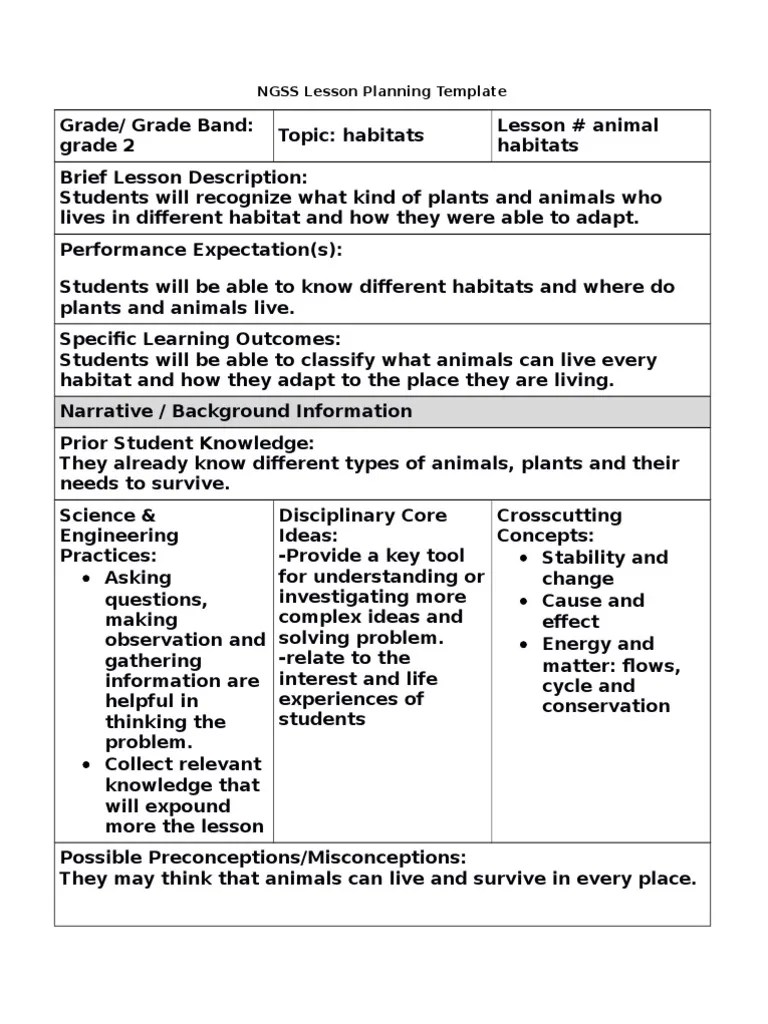 5e ngss lesson planning template 0 Lesson Plan Habitat