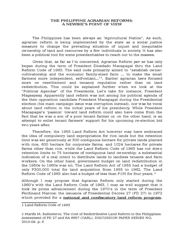 The Philippine Agrarian Reforms Land Reform Political Theories