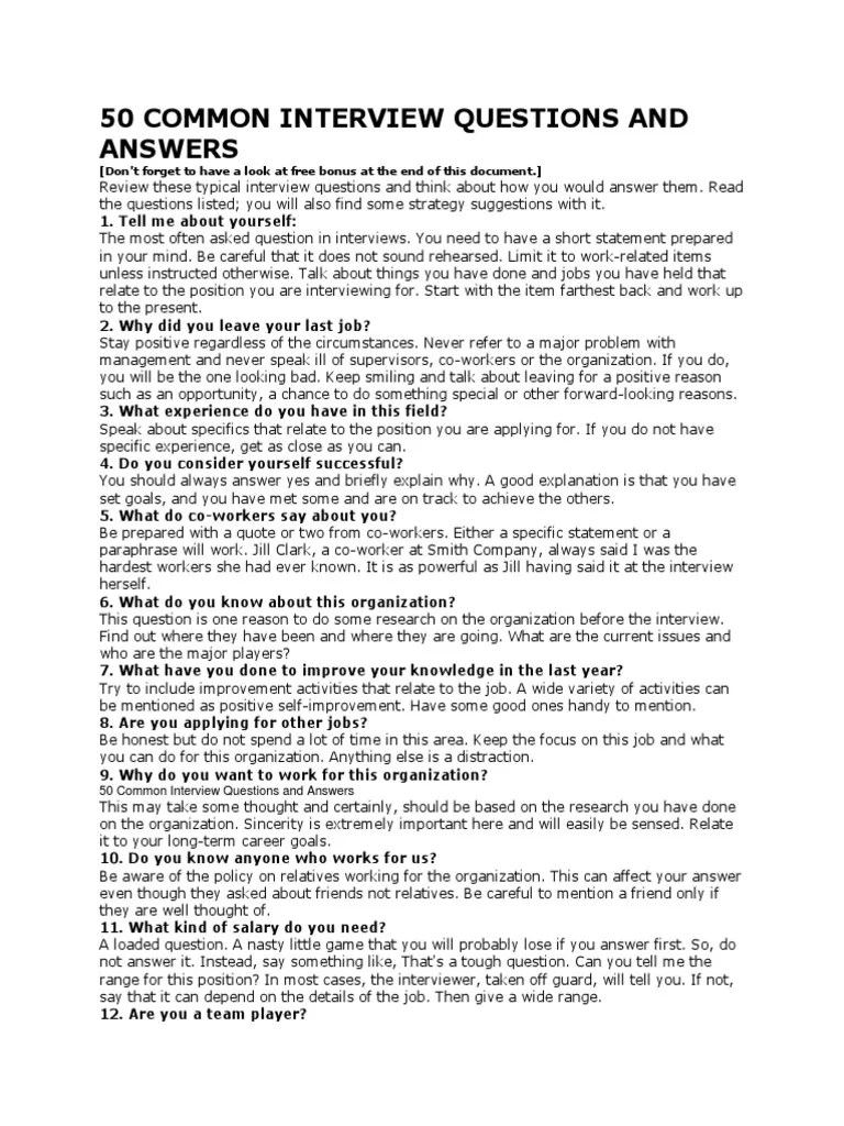 50 Common Interview Questions and Answers Question Interview